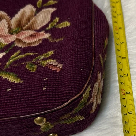 1950’s Style Vintage Needlepoint Floral Embroidered Burgundy Handbag - Picture 12 of 12